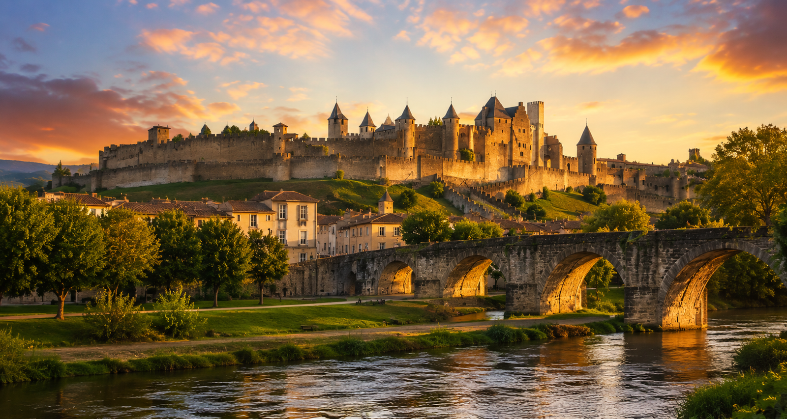 The fortified city of Carcassonne in warm evening light